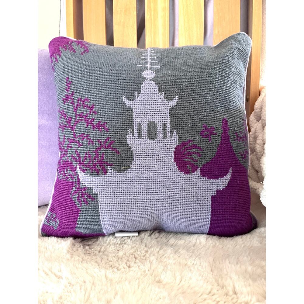 Johnathan Adler Happy Chic Purple Pagoda Needlepoint Accent Pillow Chinoiserie